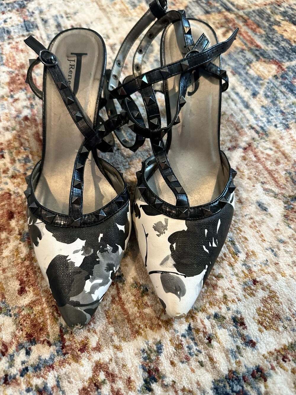 J. Renee Black and White Floral Print Rockstud T-Strap Slingback Heels Size 8M